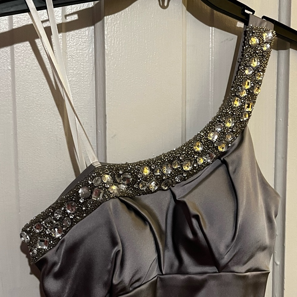 Silver one shoulder medium length formal dress